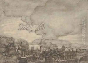 An illustration to J.M. Barrie's 'Peter Pan in Kensington Gardens' 'Away he flew, right over the houses to the Gardens' by Arthur Rackham