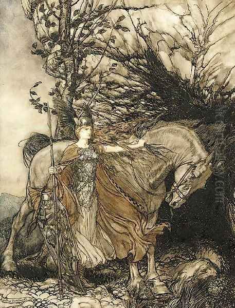 Brunhilde with her horse at the mouth of the cave - view 1