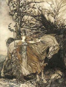 Brunhilde with her horse at the mouth of the cave by Arthur Rackham