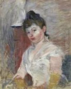 Jeune Fille En Blanc. 1891.
Portrait Of A Sitting Young Lady In A White Dress. In The Background A
Pillar With Sculpture. Signature Stamp Bottom Right: Berht Morisot by Berthe Morisot