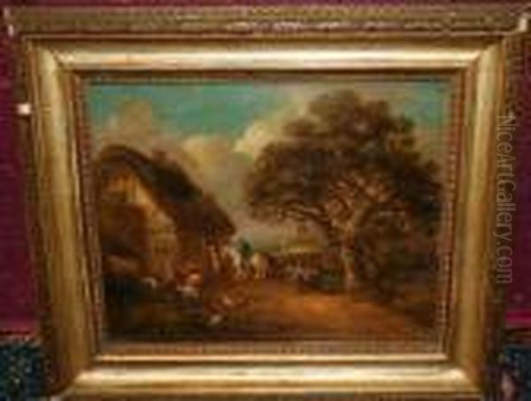 Travellers On Horses And Donkeys Outside A Tavern In Rural Lane - view 1