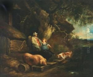 Gentleman And Child Feeding Pigs by George Morland