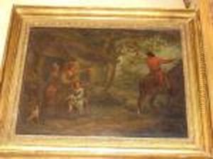 Family By A Cottage Conversing With A Man On Horseback Family By A Cottage Conversing With A Man On Horseback