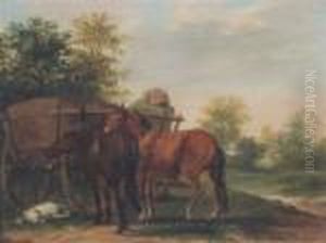 A Waggoner Resting In His Wagon, With Horses And Dog by George Morland
