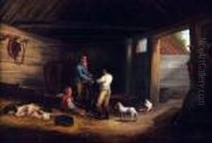 Figures And Animals In A Stable Interior by George Morland