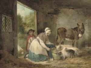 A Woman And Child Feeding Pigs In A Stable, With A Dog And Adonkey by George Morland