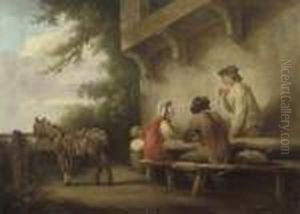 Figures Conversing At A Table Beside A Tethered Donkey, Outside Aninn