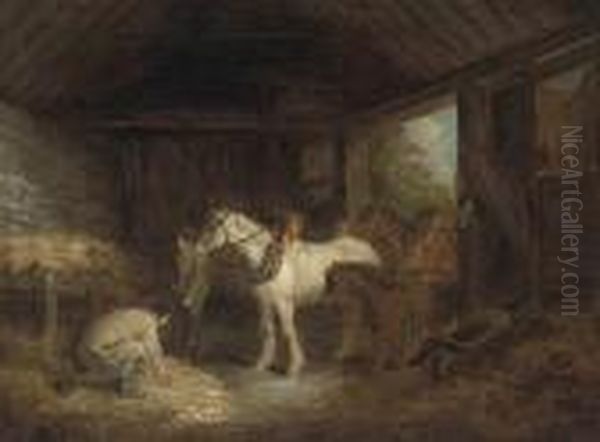 Farm Hands With Plough Horses And A Pony In A Stable - view 1