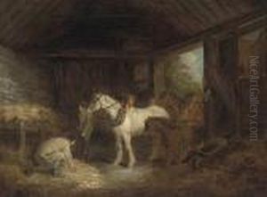Farm Hands With Plough Horses And A Pony In A Stable by George Morland