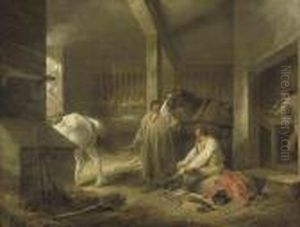 Preparing For Market: A Stable Interior With Figures Andhorses by George Morland