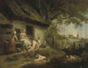 The Cottagers: A Family Outside A Cottage In A Wooded Landscape, Avillage Beyond by George Morland