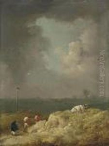 A Stormy Landscape With Officers And A Woman On A Track by George Morland