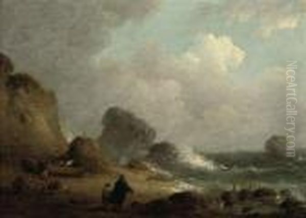 Figures On A Beach, Boats Beyond - view 1
