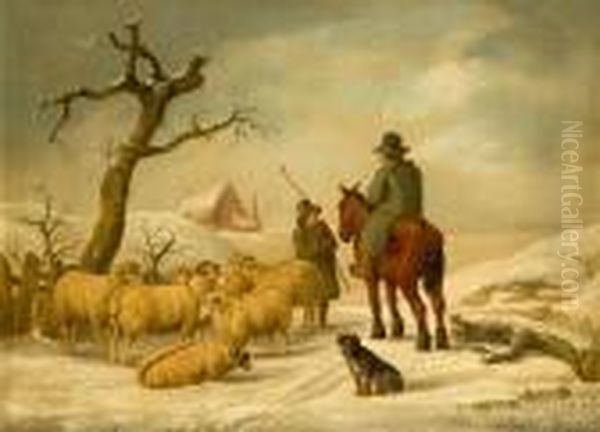 Figures And Sheep In A Wintry Landscape - view 1