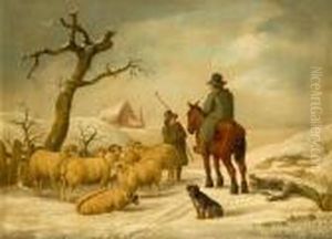 Figures And Sheep In A Wintry Landscape by George Morland