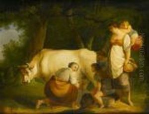 A Mother And Children Watching A Woman Milking A Cow by George Morland