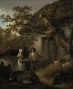A Man And A Woman Outside A Cottage With Pigs And A Donkey A Man And A Woman Outside A Cottage With Pigs And A Donkey