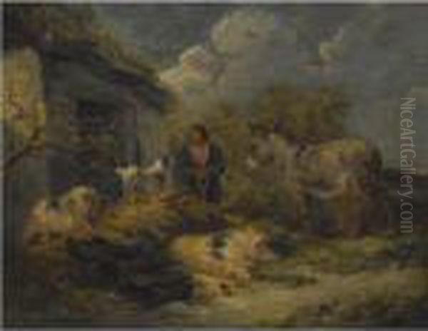 A Farm Boy With A Dog, Pigs And A Donkey - view 1