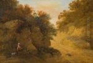 Figure And Dog On A Path In A Rocky Landscape Figure And Dog On A Path In A Rocky Landscape