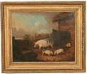 Pigs In A Farmyard Sty by George Morland