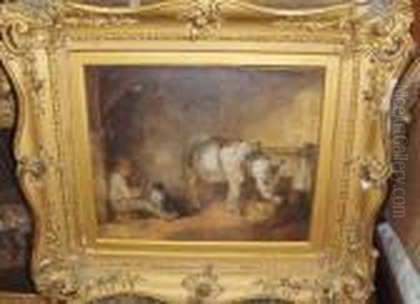 A Boy, Dogs And A Harnessed Donkey In A Barn - view 1