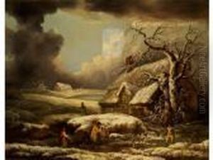 Winterlandschaft Mit Tief 
Verschneiten Bauernhausern Und Reisigsammlern Unter Bewegtem 
Wolkenhimmel