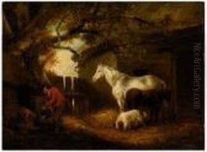 Farmer Watering Pigs In A Barnyard With Horses And Dog