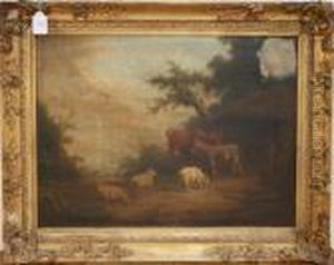 Landscape With Cow, Donkey, Goat And Sheep Near A Boy In A Stable by George Morland