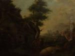 Figures And Cattle Before A Cottage by George Morland