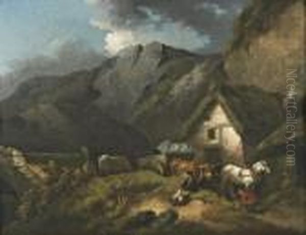 A Slate Quarry With Figures Gathering Slate By A Cottage - view 1