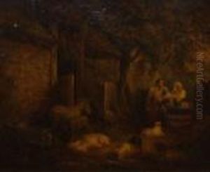 Figures And Animals By A Barn by George Morland
