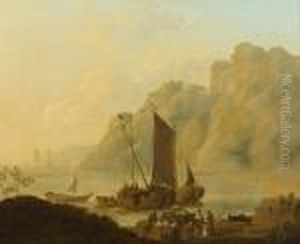 Unloading Ships Before A Rocky Headland