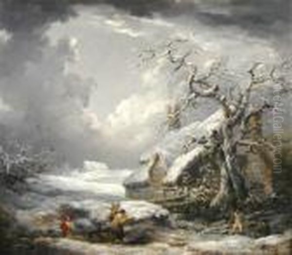Faggot Gatherers In The Snow With Thatched Cottage - view 1