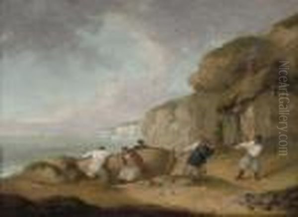 A Coastal Inlet With Fishermen Pulling Their Boat Ashore - view 1