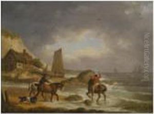 A Coastal Landscape Of The Isle Of Wight, With Figures On Horse Back Near A Cottage by George Morland