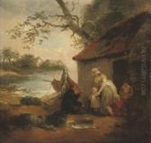 A Fisherman And His Family By A Cottage, Beside A Lake by George Morland
