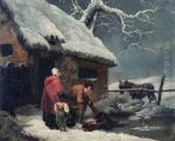 A Snowy Winter Scene With Figures Outside A Cottage - view 1