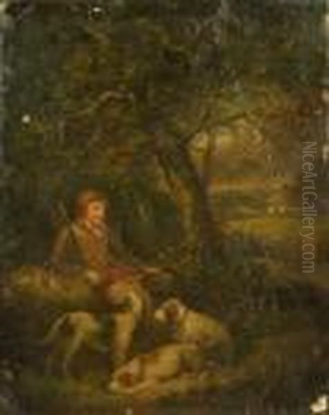 A Meagre Bag, Sportsman And Three Gundogs Resting Beneath A Tree M - view 1