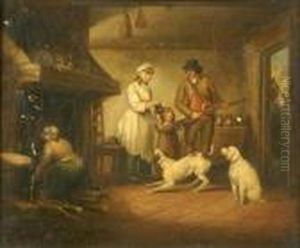 Kitchen Interior With Farmer, His Family And Gundogs by George Morland