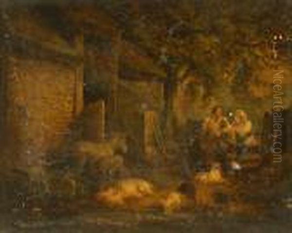 Rural Contentment, Shepherd, Companion And Dogs At A Gate, With Donkey, Foal And Pigs - view 1
