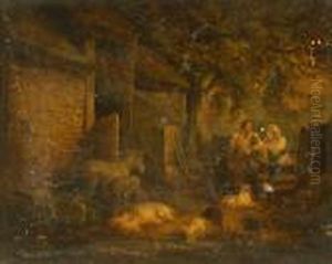 Rural Contentment, Shepherd, Companion And Dogs At A Gate, With Donkey, Foal And Pigs by George Morland