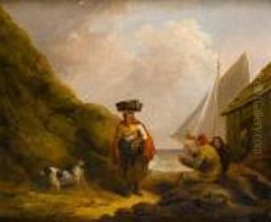 A Fisherwoman On The Shore, Men Drinkingbefore A Hut
