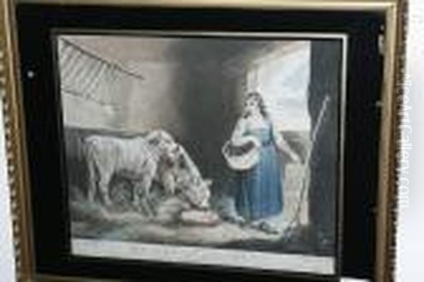 Girl With Calves And Two Others Similar,colour Engravings, In Verre Eglomise Frames - view 1