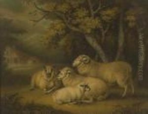 A Sand Picture Depicting Sheep Sheltering Under A Tree Before A Barn by George Morland