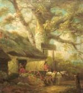 Travellers With A Cart And Horse By An Inn With Woodland by George Morland