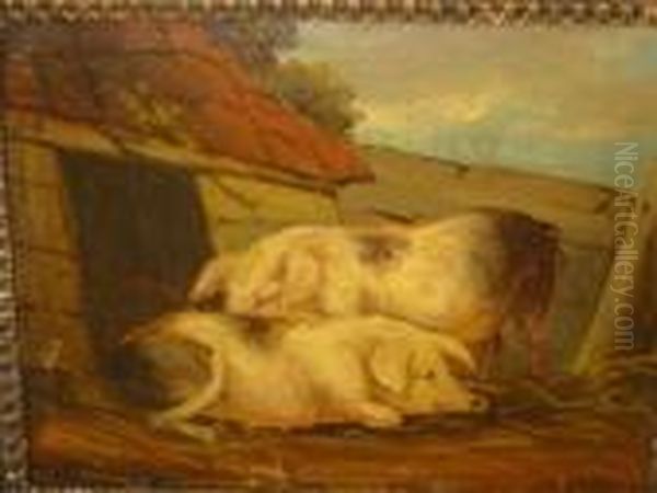 Two Pigs Near A Sty, Unsigned On Board - view 1