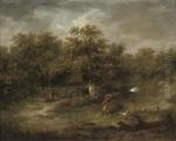 A Wooded Landscape With A Huntsman Pheasant Shooting - view 1