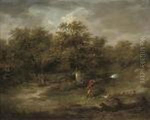 A Wooded Landscape With A Huntsman Pheasant Shooting by George Morland