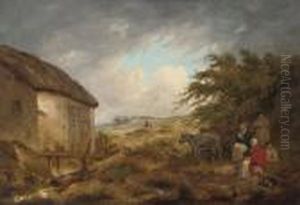 A Wooded Landscape With Travellers At Rest On A Track by George Morland