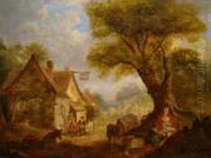 A Group Of Men Seated Outside A 
Roadside Inn, A Woman With Aninfant Resting Beneath An Oak Tree